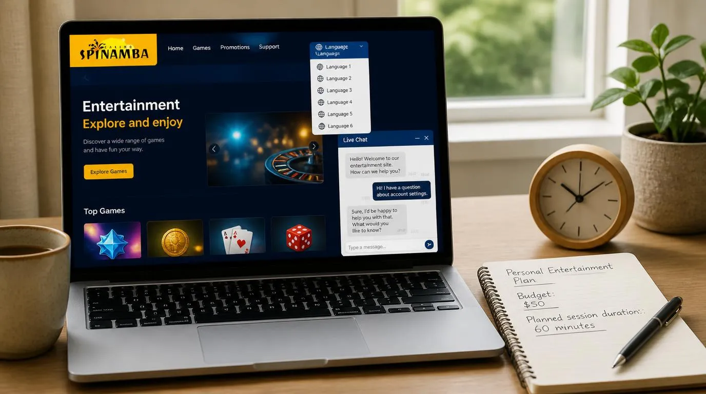 Laptop z menu wyboru języka i oknem czatu obok notesu z planem czasu oraz budżetu rozrywkowego