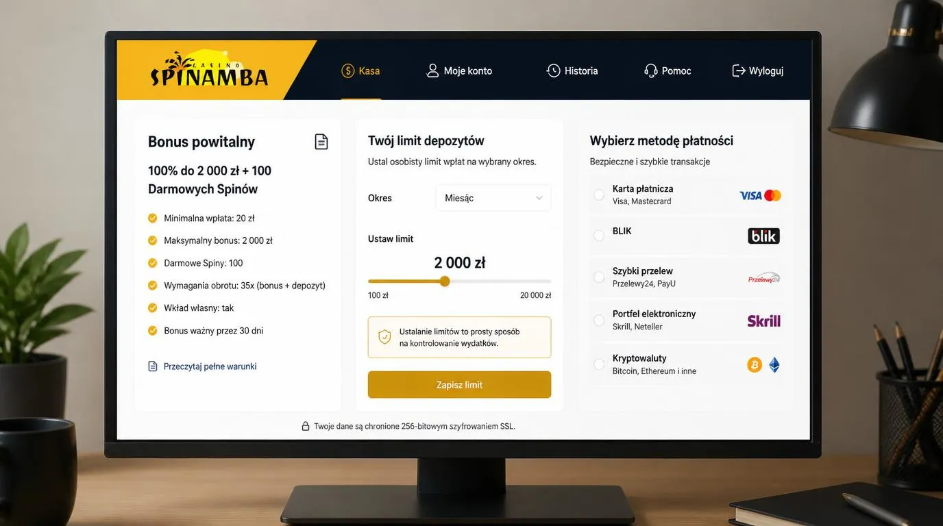 Panel kasyna z warunkami bonusu, limitem budżetu i wyborem metody wpłaty